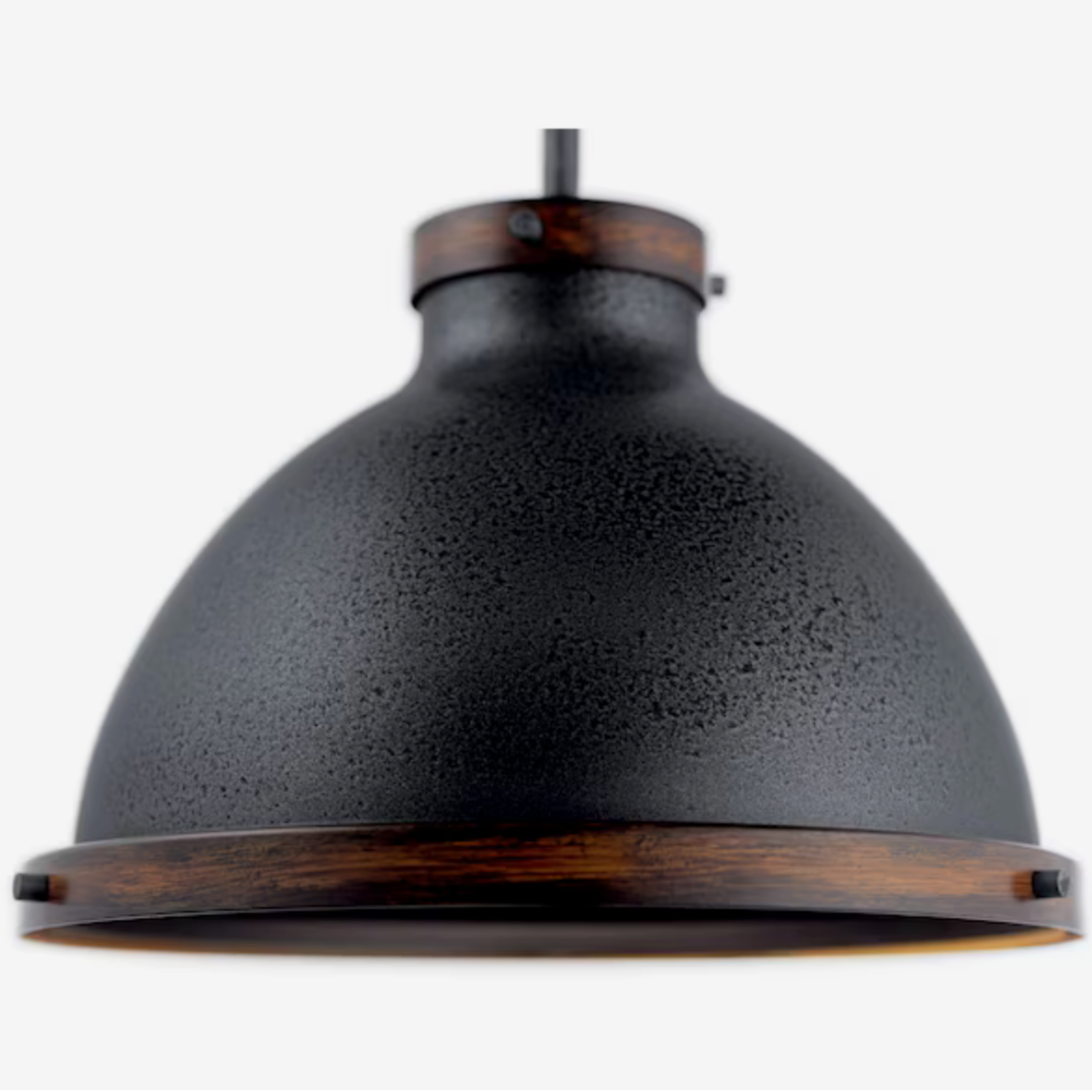 Kichler Matte Black and Aged Faux Wood Rustic Dome Hanging Pendant Light