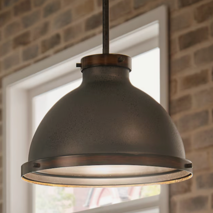 Kichler Matte Black and Aged Faux Wood Rustic Dome Hanging Pendant Light