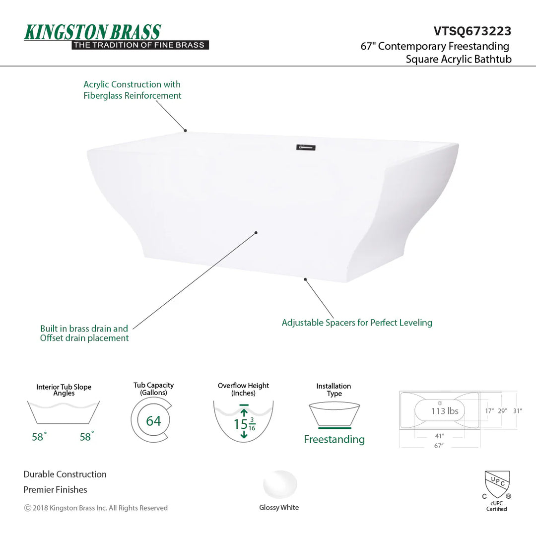 Kingston Brass Aqua Eden 67" Acrylic Double Slipper Freestanding Tub with Drain - White