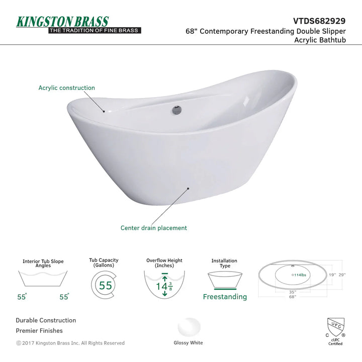 Kingston Brass Aqua Eden 68" Acrylic Double Slipper Freestanding Tub with Drain - White