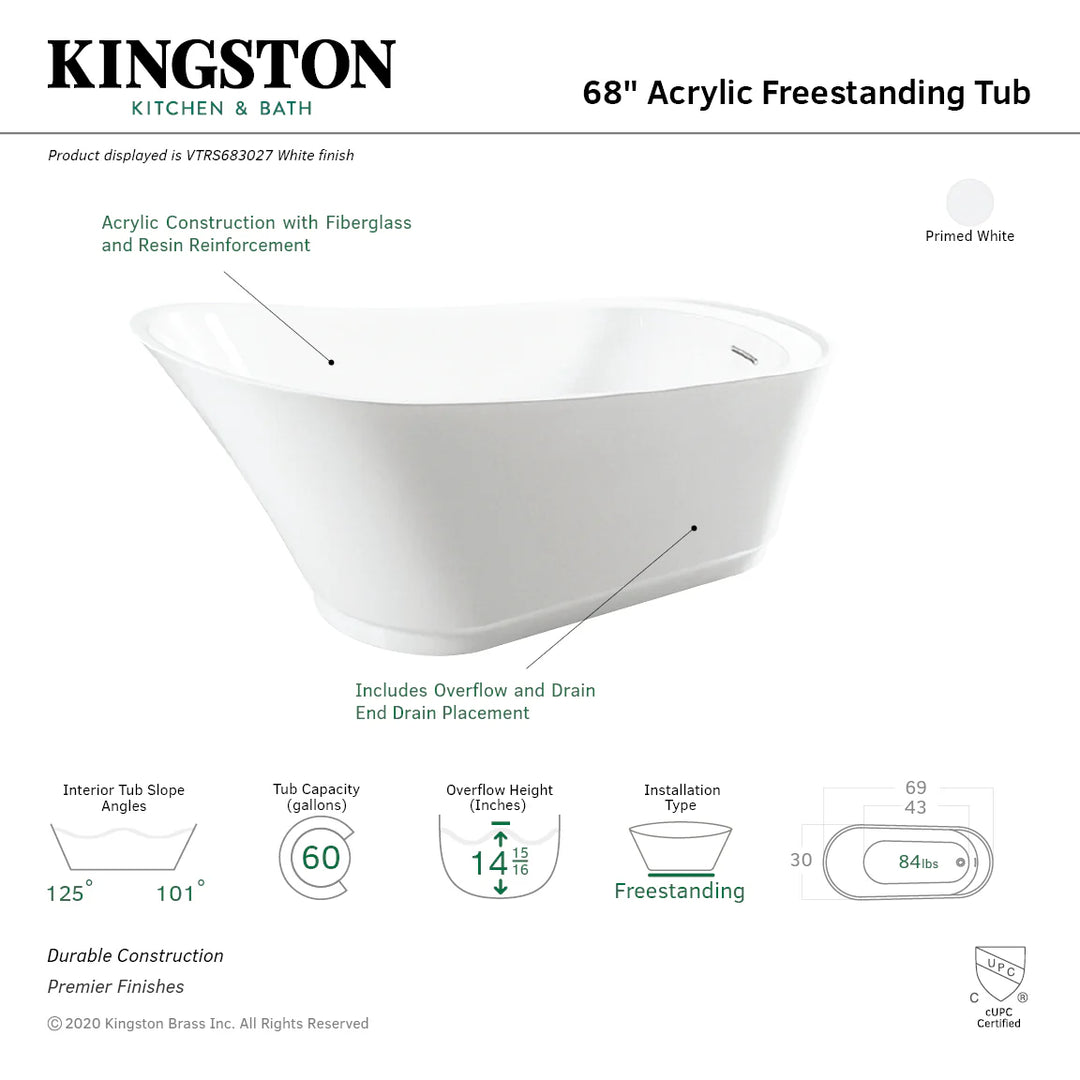 Kingston Brass Begonia 69" Acrylic Single Slipper Freestanding Tub with Drain - White