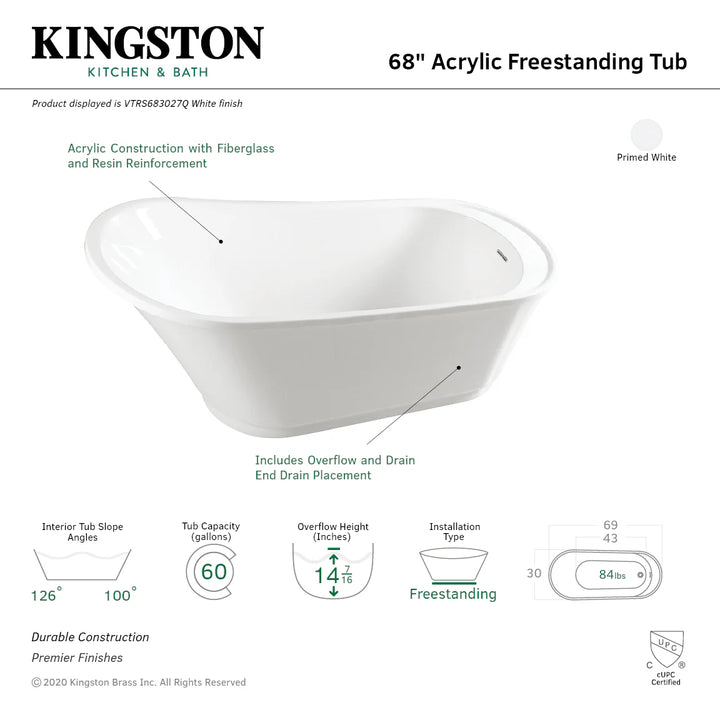 Kingston Brass Freesia 68" Acrylic Single Slipper Freestanding Tub with Drain - White