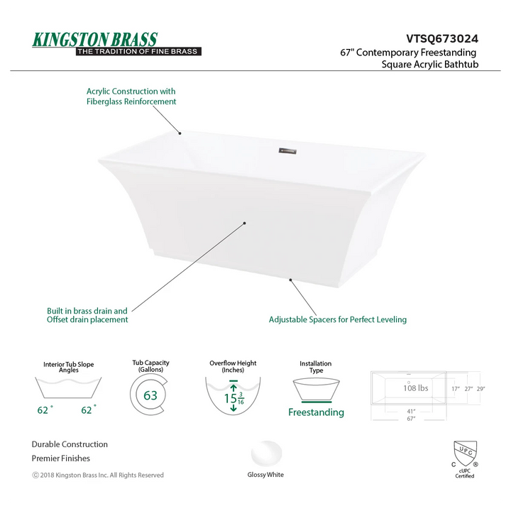 Kingston Brass Contemporary 67" Acrylic Double Slipper Freestanding Tub with Center Drain - White