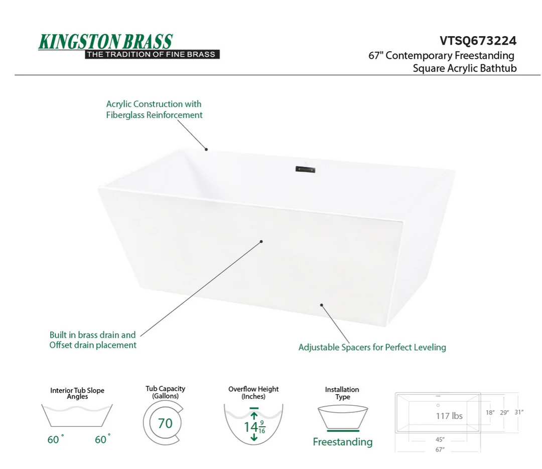 Kingston Brass Contemporary 59" Acrylic Single Slipper Freestanding Tub with Drain - White